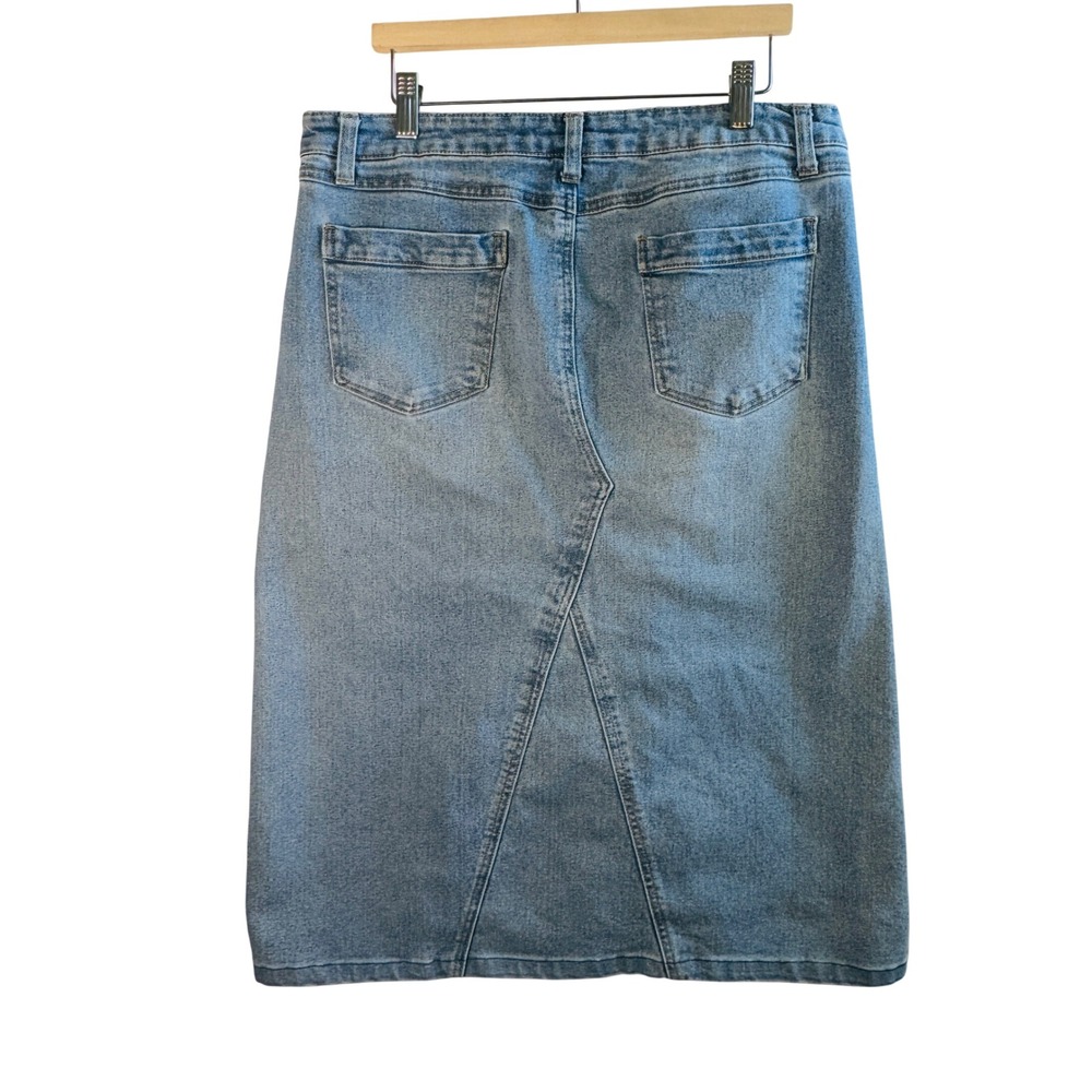Denim Midi Skirt Medium Wash Blue Cotton Stretch Sz 14 Coastal Y2K 90s Western - Picture 2 of 7